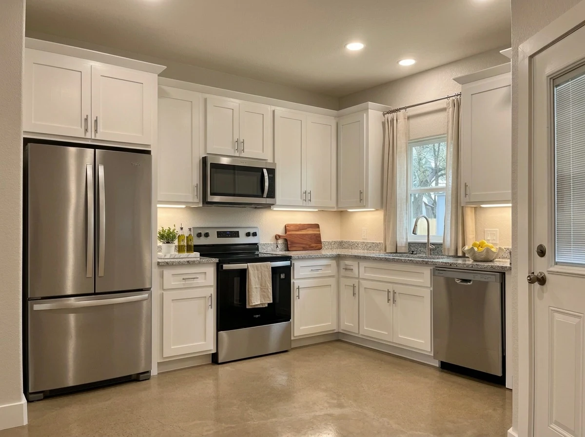 White shaker kitchen with granite countertops and stainless steel appliances