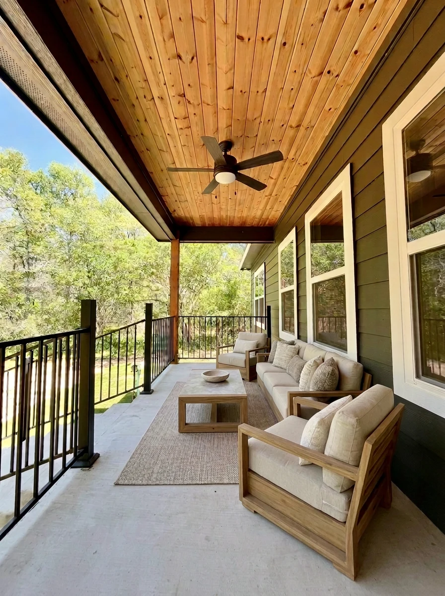 Covered back porch with cedar plank ceiling, ceiling fan and teak outdoor furniture