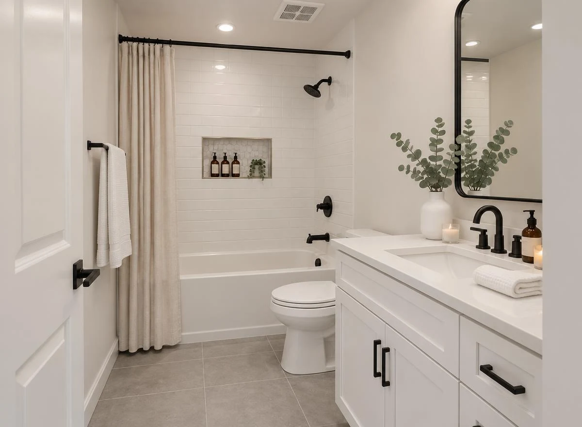 Guest bathroom with subway tile tub surround, white vanity and black fixtures