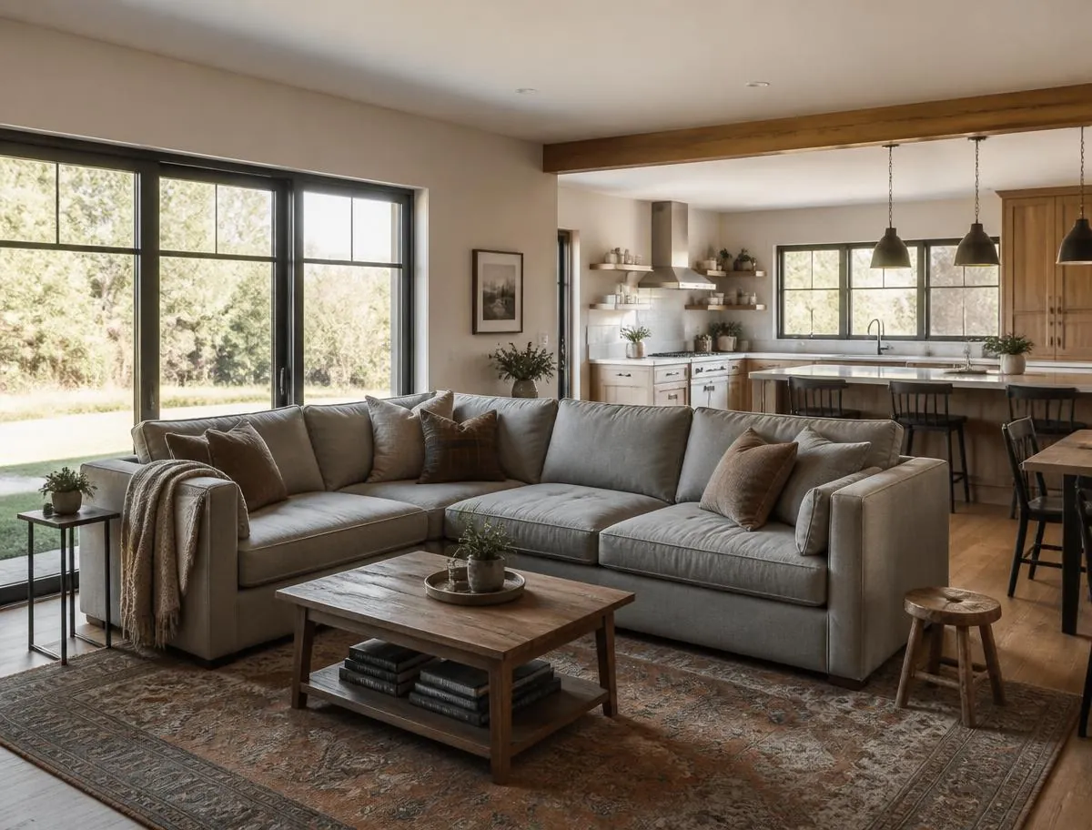 Open living and kitchen area with natural wood accents and large windows
