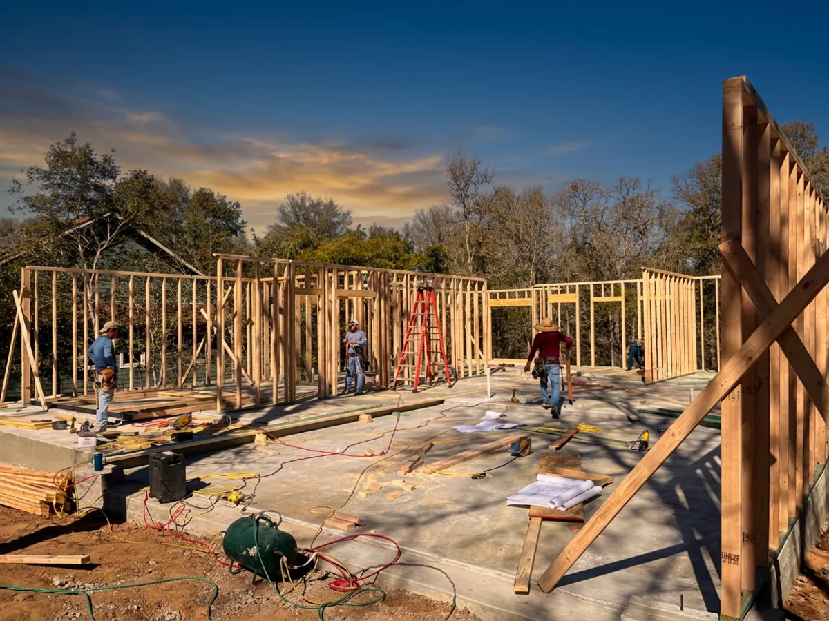 RosaTex crew framing exterior walls on a new home slab in Central Texas
