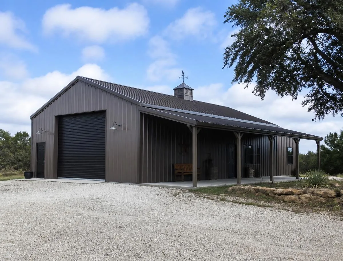 Custom metal shop building with roll-up door on a Central Texas property