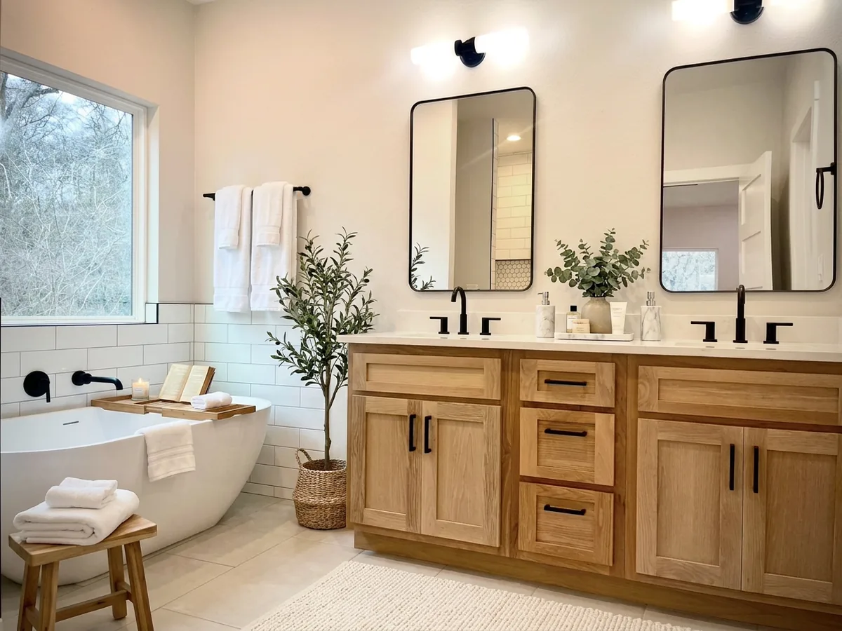 Primary bathroom with freestanding soak tub and white oak double vanity