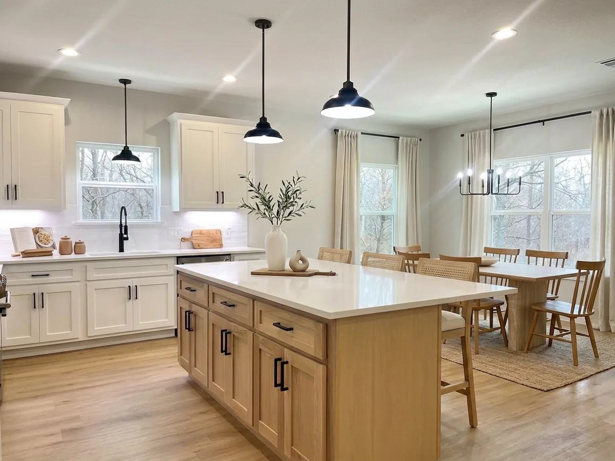 Kitchen and dining area with white cabinetry, oak island and black pendant lights